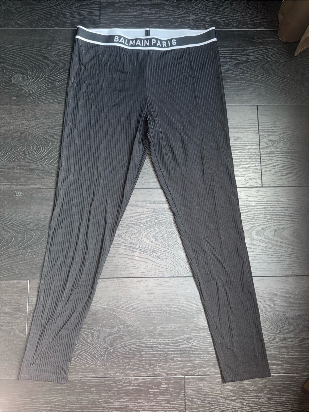 Balmain Black Ribbed High-Waist Leggings with Branded Waistband